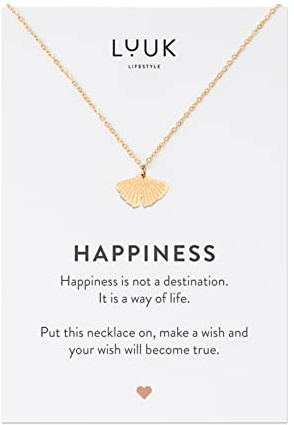 LUUK LIFESTYLE Collana elegante da donna con pendente ginkgo|foglia e carta regalo HAPPINESS, accessorio di moda moderno e minimalista, gioielli per la vita quotidiana, oro