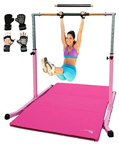 Gymnastic Kip Bar Horizontal Bar Expandable Gymnastics Junior Training - Height Adjustable 3 to 5 FT - w 6'x4' Tumble Mat Asymmetric Bar - Cushioned Fiberglass Bar,HD Curved Legs, Gloves (Pink)