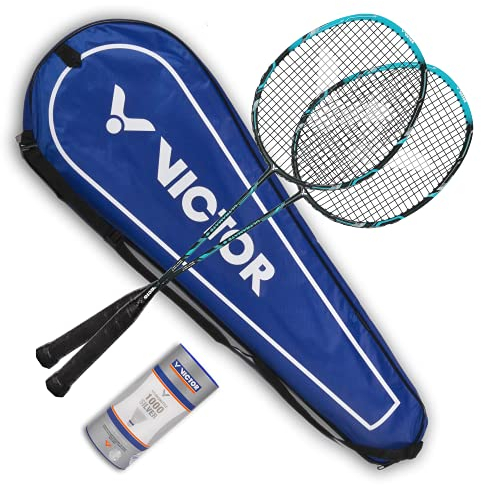VICTOR Ultramate 6 Badmintonschläger für Einsteiger aus Carbon + Aluminium, Schlägerset (2 Stck),3 Nylonshuttle,1 Bag