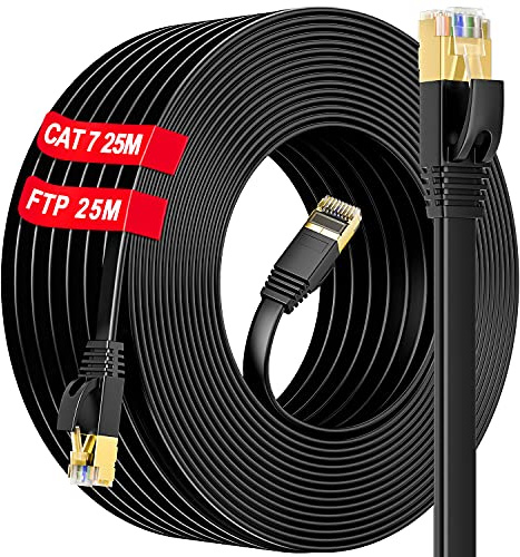 25m LAN Kabel Flach, 25 meter CAT 7 Netzwerkkabel, Lankabelverlaengerung 25m Outdoor Hochgeschwindigkeits 10000Mbit/s Gigabit Ethernet Kabel, RJ45 LAN Kabel Patchkabel für PS4/5 Xbox Switch Modem