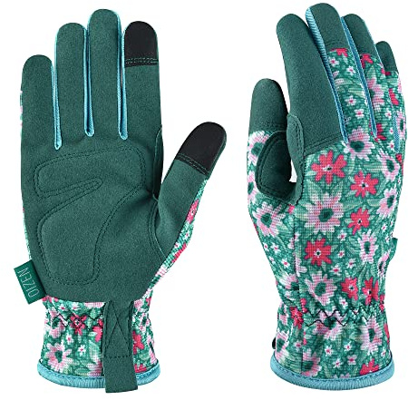 OIZEN Guantes de Jardinería para Mujeres y Hombres, Guantes de Jardín con Pantalla Táctil, Guantes de Trabajo Resistentes a Espinas y Perforaciones, Regalos de Jardinería para Mujeres (flor verde, L)