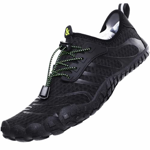 Wasserschuhe Badeschuhe Damen Herren Strandschuhe Schnell Trocknend Drainagelöcher Strand Schwimmschuhe Meeresschuh Surfschuhe Poolschuhe Unisex Barfußschuhe für Kajakfahren Fitnessstudio Schwarz EU42