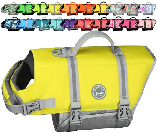 VIVAGLORY Chaleco Salvavidas Ripstop para Perros Pequeños, Medianos y Grandes, Chaleco de Natación para Perros con Mayor Flotabilidad y Visibilidad, Amarillo Gris