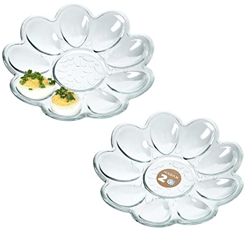 KADAX Eierteller aus Glas, ⌀ 21,5 cm, praktischer Teller für Eier, Eierhalter, robuste Eierablage, Eierplatte, Eierbehälter, Eiertablett, Eierspender (2x Blumenforme, transparent, 18 Eier (2x9))