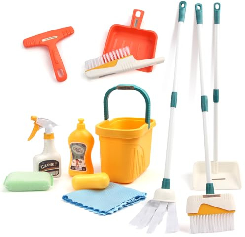 Joyfia Kids Cleaning Set 12 Piece, Toy Cleaning Set Includes Broom, Dustpan, Mop, Brush, Spray, Scraper, Bucket, Sponge and More, Pretend Play Housekeeping Kit for Toddlers Aged 3+