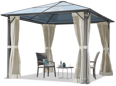 TOOLPORT Gartenpavillon 3x3 m Polycarbonat Dach ca. 6 mm - Hardtop Pavillon mit 4 Seitenteilen und Moskitonetzen in crème