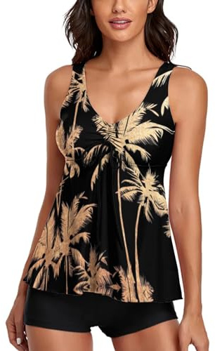 wihnsinop Tankini Damen Bauchweg Push Up Badeanzug Oberteil Bademode Oberteil Set Damen Freizeit Tankini Badeanzug Zweiteiler Sommer für Damen Tankini mit Badeshorts Set Khaki-Palme XL