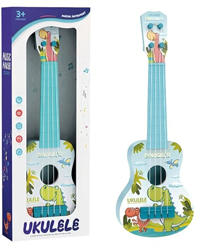 Ukulele per bambini, 41 cm, giocattolo in plastica con tema musicale dinosauro, strumento musicale a 4 corde, sorpresa per bambini e amanti della musica