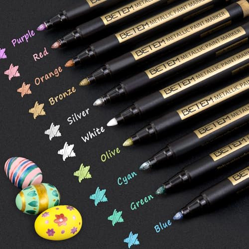 Metallic Paint Markers, 10 Colors Acrylic Paint Markers for Black Paper，2mm Medium Tips Metallic Glitter Pens for Scrapbooking, Rock Painting, Greeting Cards, Photo Albums, DIY Art Crafts
