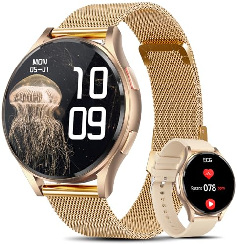 Lgnitek Smartwatch Damen mit EKG+HRV/BMI/Harnsäure, Rund 1,43 AMOLED Gesundheitsuhr mit Telefonfunktion, 24H Pulsuhr SpO2 Schlafmonitor Menstruationszyklus Fitness Tracker iOS Android