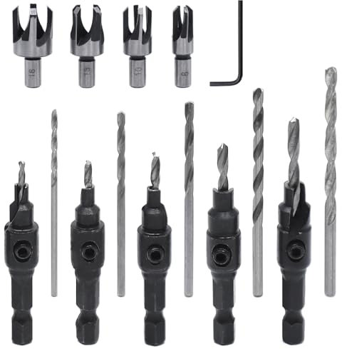 GYSRXS Set di punte per trapano svasato, 4 frese per legno, 5 punte per trapano pilota con gambo esagonale da 1/4 di pollice con 5 punte elicoidali e 1 chiave esagonale per la lavorazione del legno