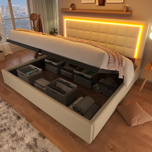 RIAZOS LED Bett 180x200 cm, Polsterbett mit Stauraum, Stauraumbett mit Hydraulisch, Doppelbett Bettgestell mit Lattenrost & Bettkasten & Kopfteil, PU-Oberfläche, ohne Matratze, Weiß