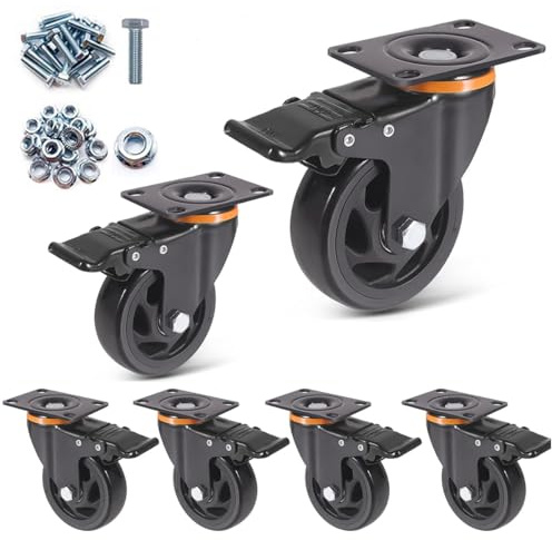 4 Inch Swivel Caster Wheels Set of 6, Heavy Duty Casters with Brake, Polyurethane Locking Casters for Cart, Workbench and Trolley-Load 2400lbs, Black
