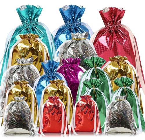 Bolsas de Regalo con Cordón Color Sólido,18 Piezas Foil Bolsas Regalo Pequeñas Cuerdas Reutilizables,Bolsa de Chuches Golosinas Infantil Embalaje Regalos para Decoración Fiesta de Navidad