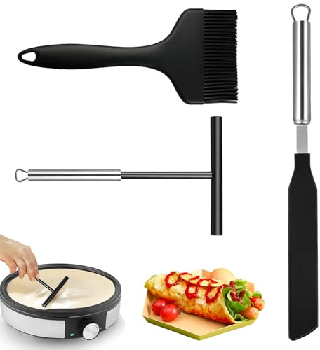 Foonary Set di 3 collettori e spatole, in acciaio inox, con spazzola in silicone, accessori crepe Maker per crepe, spatola per pancake, per cucina, casa, cottura