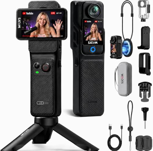 SJCAM C400 Paquete para Vlog 4K(Sin Tarjeta de Memoria), 7 Horas de Autonomía, Pantalla Táctil de 2.29, Estabilización de 6 Ejes, Cámara Deportiva Sumergible para Moto, Casco, Buceo y Youtube, Negro