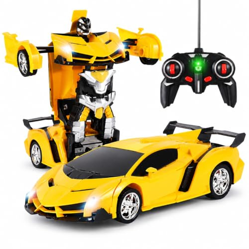KutaKuta Remote Control Cars, 2 IN 1 Transforming Police Car Toy Gift with Hand Gesture Sencing LED Light Music, Police RC Car Transforming Robot 2.4GHz 360°Rotation Transform