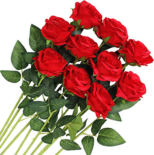 Veryhome 10 Stücke Künstliche Rosen Silk Blumen Gefälschte Flowers Braut Hochzeit Bouquet Für Hausgarten Geburtstag Party Home Wedding Dekor (Rot - Blühende Rosen)