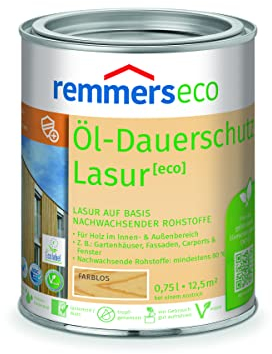 Remmers Lasure huile écologique Incolore, 0,75 litres, Lasure écologique aqueuse pour bois, protection longue durée pour intérieur et extérieur, durable, végane, sans danger pour les abeilles.