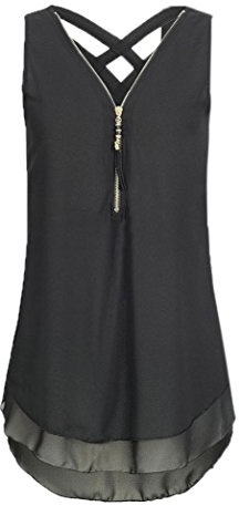 Walaka Débardeur Femme Grande Taille Col V Zippé Haut Femme Chic Mousseline de Soie Chemise sans Manche Tops Tee-Shirt (48 / XXXXL, Noir)