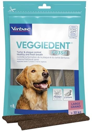 Virbac VeggieDent FR3SH – Snack Dental para Perros de Razas Grandes (>30 kg) – contra el sarro y el Mal Aliento – 15 Unidades