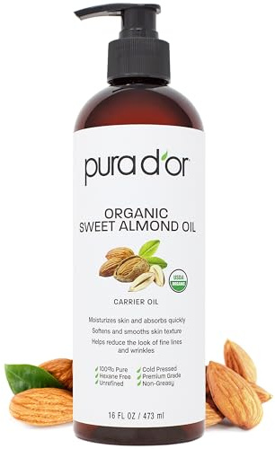 PURA D’OR Carrier Oil: Organic Sweet Almond Oil (473 mL) USDA Certified Organic 100% Pure & Natural Soothing Oil for Skin & Face