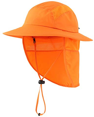 Magracy Kinder Jungen Outdoor UPF50+ Sonnenhut mit Nackenklappe breiter Krempe Sonnenschutzhut Verstellbarer Safari-Hut Orange