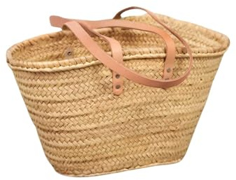 Cestería Aparici - Capazo de Palma Natural con Asas Largas de Cuero Beige, Cesto de Playa Artesanal y Bolso de Verano para Comprar, Medidas 38x20x22 cm - Ref. 5030-6