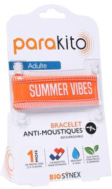 PARAKITO - Bracelet Anti-Moustiques Réutilisable - 2 Plaquettes Incluses aux Huiles Essentielles - 1 Mois de Protection - Sans DEET - Motif Summer Vibes Orange - Taille Adulte