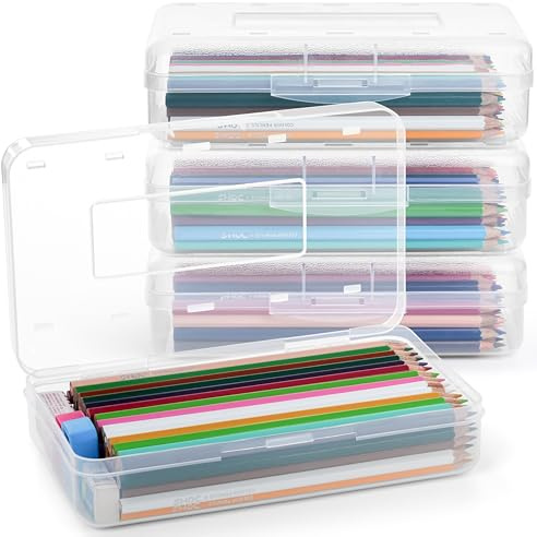 Winter Shore Estuche Plastico Rígido de Gran Capacidad (Pack de 4) - Organizador Lapices y Ceras con Tapa a Presión - Estuche Organizador Apilable, Material Escolar y Oficina - Capacidad 100 Lápices