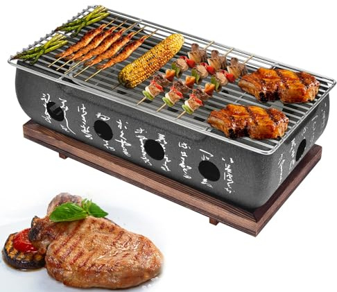 Jauarta Japanese BBQ Grill Stove Charcoal Barbecue Stove Rectangle Calligraphy Quick Heating Aluminium Alloy Wire Grill Base for Camping (M)