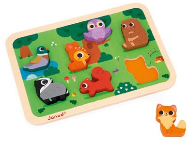 Janod - Chunky Puzzle - Der Wald - FSC-Holz - 7 Teile - Fördert Feinmotorik, Konzentration und Fantasie - Ab 18 Monaten, J07123