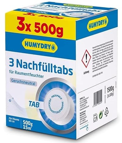 Nachfüllbeutel gegen Feuchtigkeit – Für Kompakt-Luftentfeuchter – 3x500g – Für Bad, Küche und Zuhause – Für Räume bis zu 8 m² – Duft: Neutral – Humydry