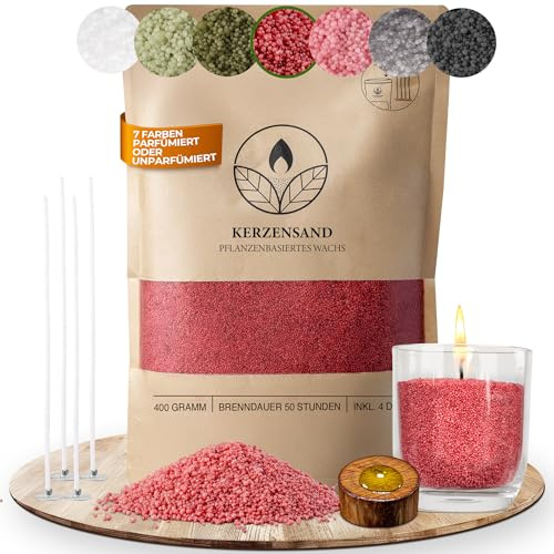 comforder Sabbia per candele con stoppini, granuli di cera, candele fai da te, 400 g, perline di cera per candele + 4 stoppini per candele (Rosso)