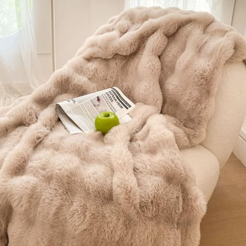 Tospass Kuscheldecke Flauschig Decke 200x230cm Khaki Kunstfell Microfaser Plüsch Wohndecke Dick Flanell Warme Sofadecke TV-Decke Weich Wende Überwurfdecke Für Bett Sofa Schlafzimmer Büro