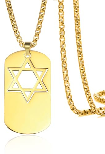 VASSAGO Estrella de David collar para hombres 2 color judío estrella escudos colgante Acero inoxidable hexagrama perro etiqueta religiosa amuleto (oro)