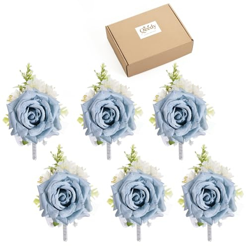 Qeedy Blue Rose Boutonniere Set of 6 for Men – Artificial Wedding Lapel Flowers Perfect for Groom, Groomsmen, Prom, Homecoming, Formal Events – Gift Box Included