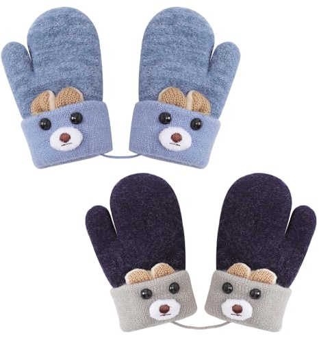Mayoii 2PCS Mittens for Kids Winter Warm,Toddler Gloves 1-3 Years Knitted Outer, Toddler Gloves with String, Baby Mittens for Boys Girls (Blue+Navy, 1-3 Age)