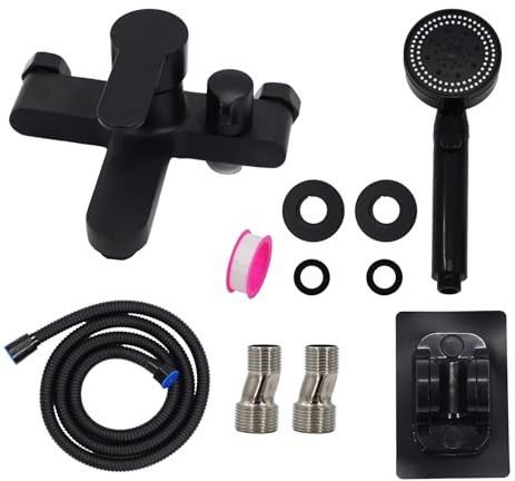 CeyKvo Grifo de baño negro montado en la pared con grifo de ducha monomando con manguera de ducha de 1,5 m y ducha de mano (1 chorro), color negro
