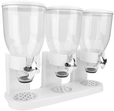 SENECESLI Trippel Matdispenser Spannmålsbehållare, Torrfoder Dispenser för Godis, Nötter, Kaffebönor, Stor Kapacitet Spannmålsautomater (WHITE)