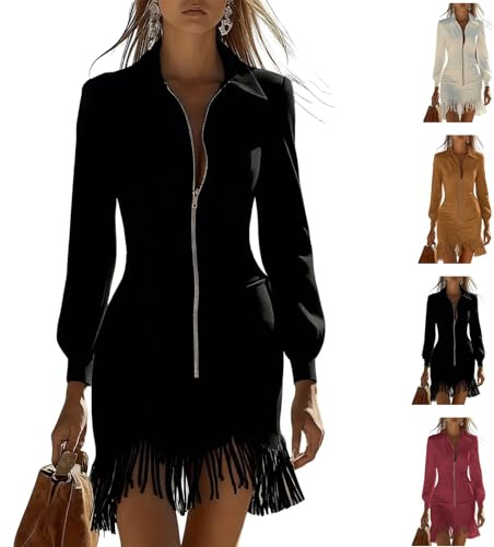 Abito da donna in pelle scamosciata, vintage, alla moda, aderente, con frange, mini abito con scollo a V, maniche lunghe, con cerniera, stile western, con tasche, Nero , S