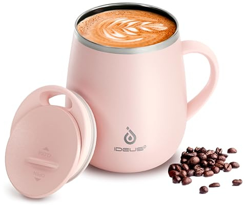 Ideus 460ml Insulated Coffee Mug with Lid and Handle (Sakura 2.0) | Double wall stainless steel; thermal cup; keeps drinks hot or cold; ideal for home office travel