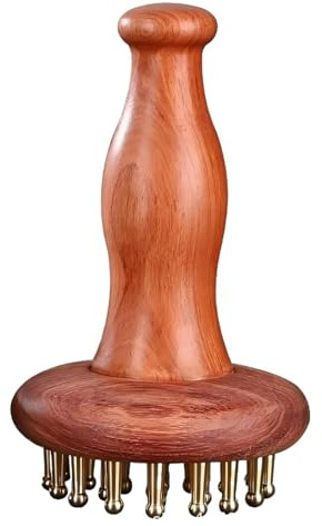 Masajeador de Cuero Cabelludo Cepillo Con Mango Madera, Cabezal Cobre