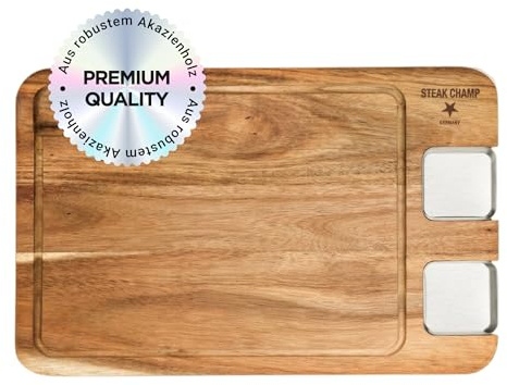 Steak Champ Premium Essbrett aus Akazie mit Sauciere: Servierbrett für Steak aus Holz