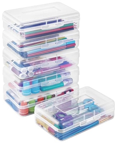 Sooez Plastic Pencil Case Box 6 Pack, Large Crayon Maker Pen Organizer, Plastic Containers with Snap Lids, Stackable Craft Storage Boxes Bulk, School Supplies Art Box for Bead, Clear