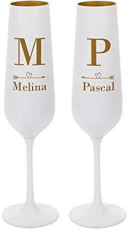 Herz & Heim® Weiße Sektgläser mit Gravur zur Hochzeit Set/Hochzeitsgeschenk personalisiert mit Namen Initiale