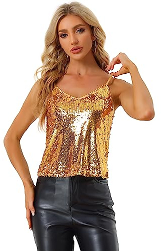 Allegra K Dam paljetttopp spaghetti party klubb glitter camisole paljetter metalliskt linne, GUL, S