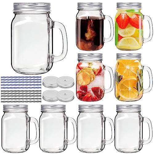LYCN 9 Pack Mason Jars with Handle, 16oz Glass Mason Jar Mug, Wide Mouth Clear Glass Drinking Jars with Silver Lids & Straws for Juice, Smoothies, Cocktails, Beverages
