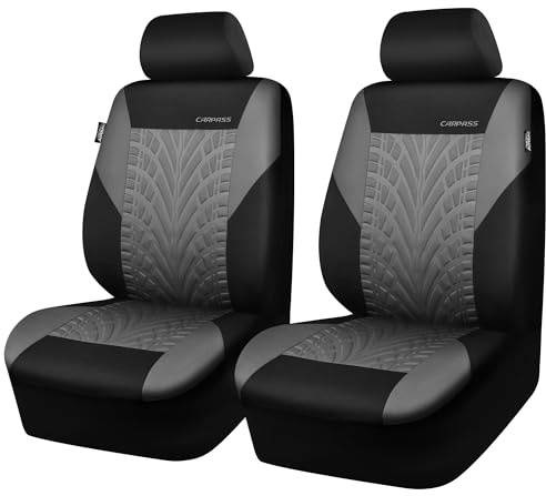 CAR PASS Seat Covers - Two Front, 3D Tyre Print, Airbag Compatible, Universal Fit for Car, Truck, SUV (Black, Gray)