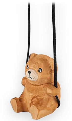 Adorno Colgante de Coche Oscilante de Oso Ted-Bear de Madera 100% Hecho a Mano - Bonita Figura de Madera Pintada Tallada a Mano Accesorios Colgantes para Espejo de Coche Decoración Regalos